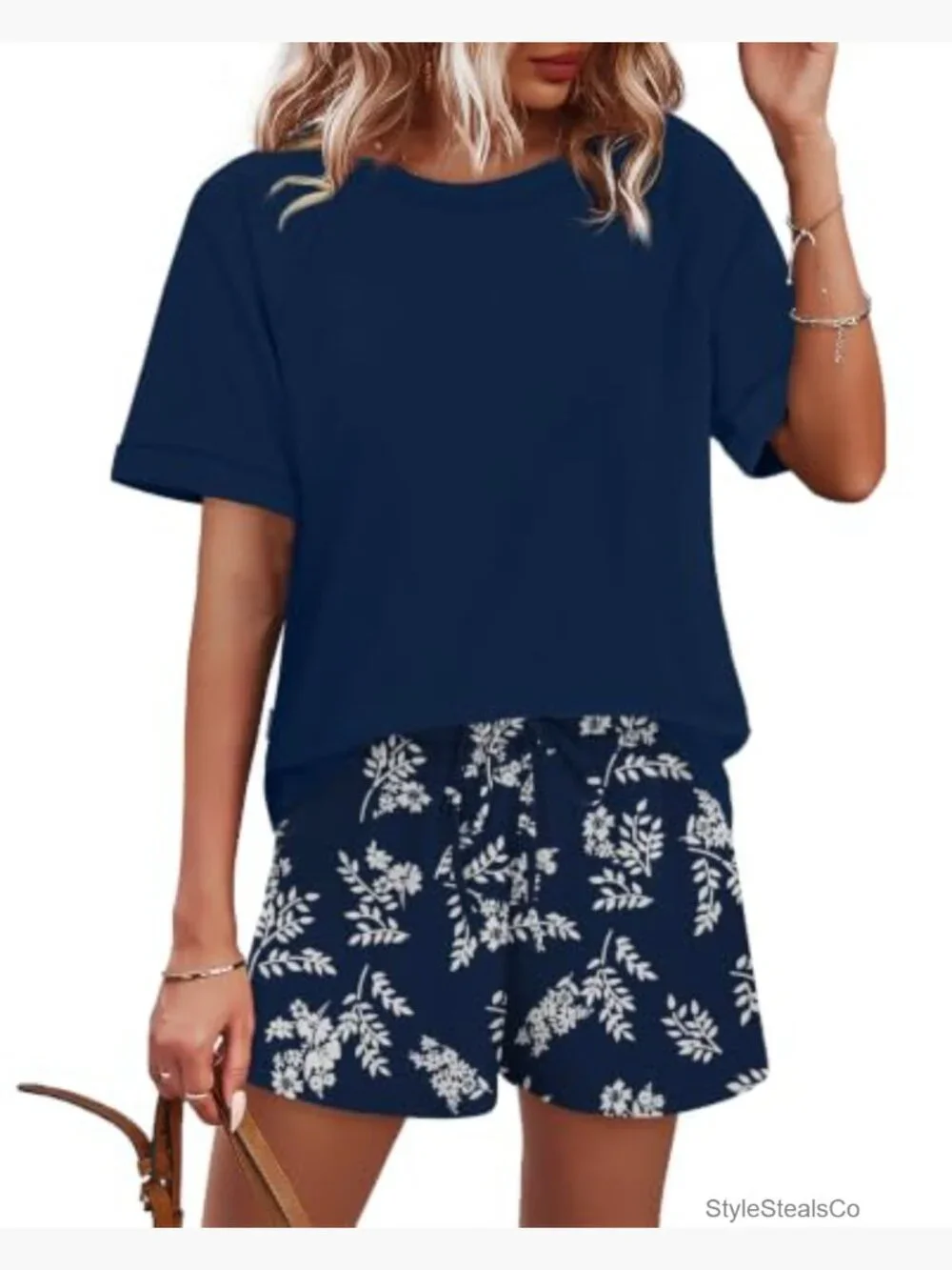 Two Piece Short Sleeve Crew Neck Lounge Matching Set Shorts for Women